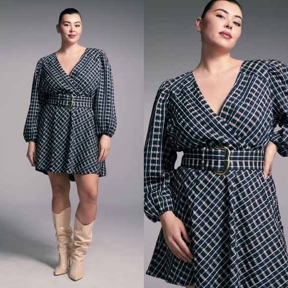 Tanya Taylor Dresses & Skirts - Tanya Taylor Navy Check Belted Puff Sleeves Nicola Dress Size 2 US NWT